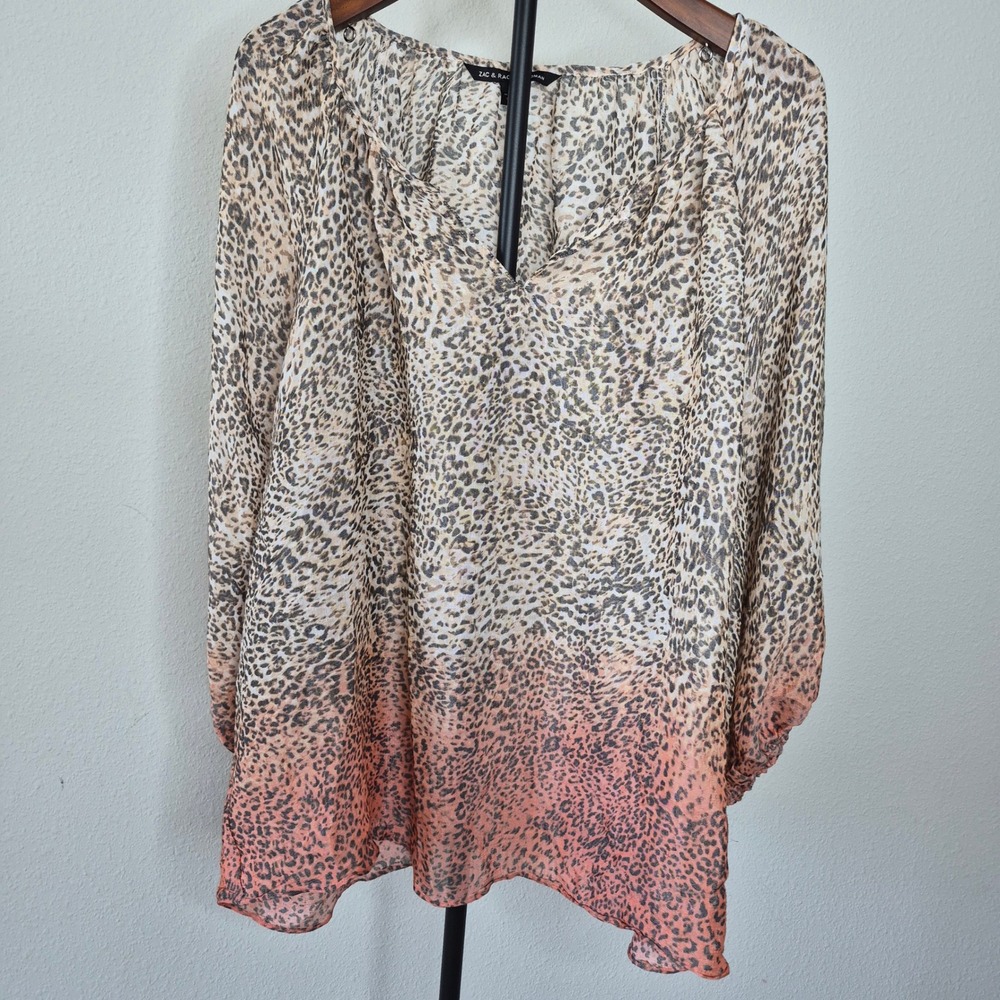Zac & Rachel Blouse Leopard Print Ombre Semi-Sheer Split Neck Tan Peach 3X